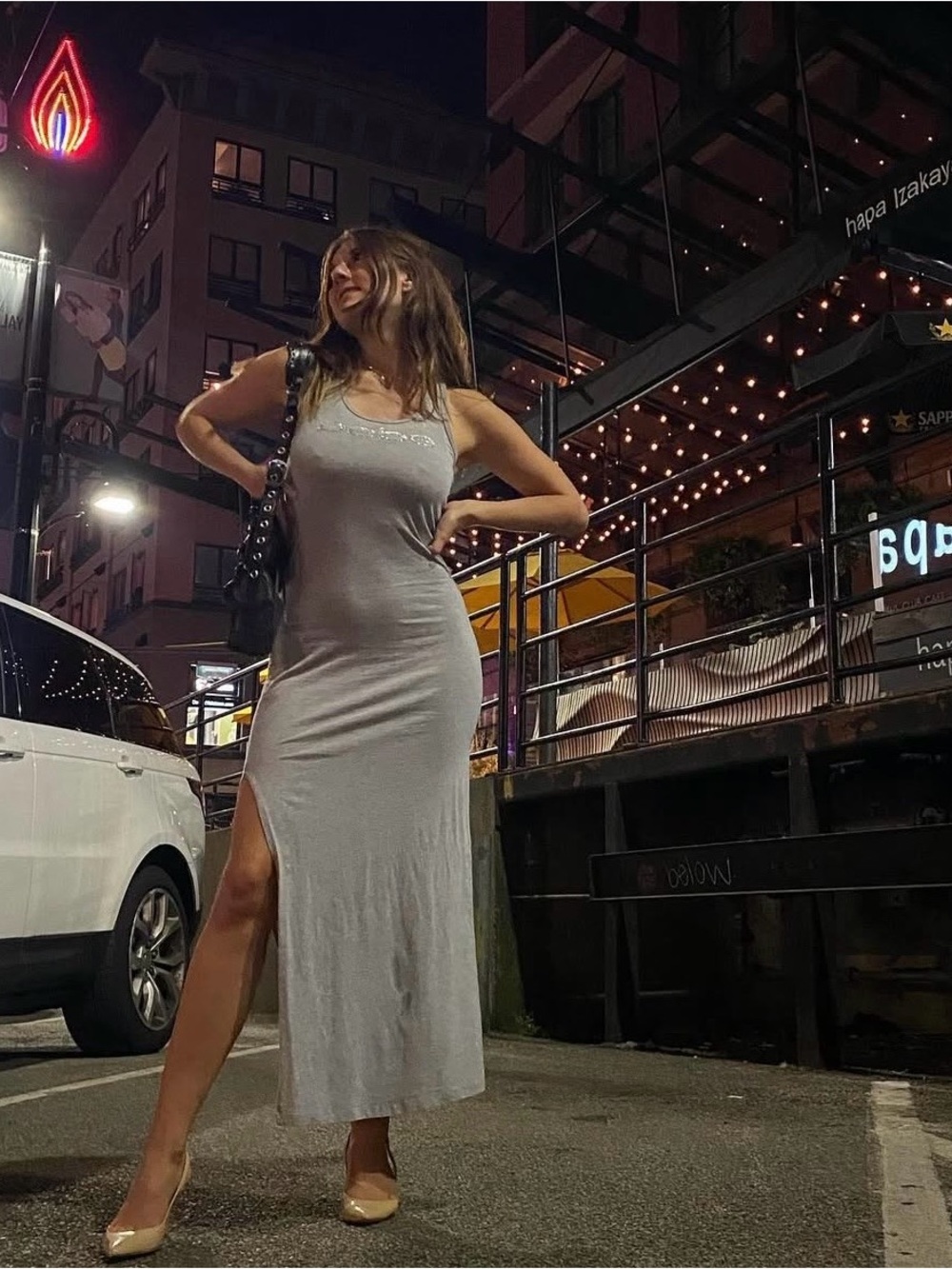 BEBE Grey Ribbed Maxi Dress with Side Slits Y2K